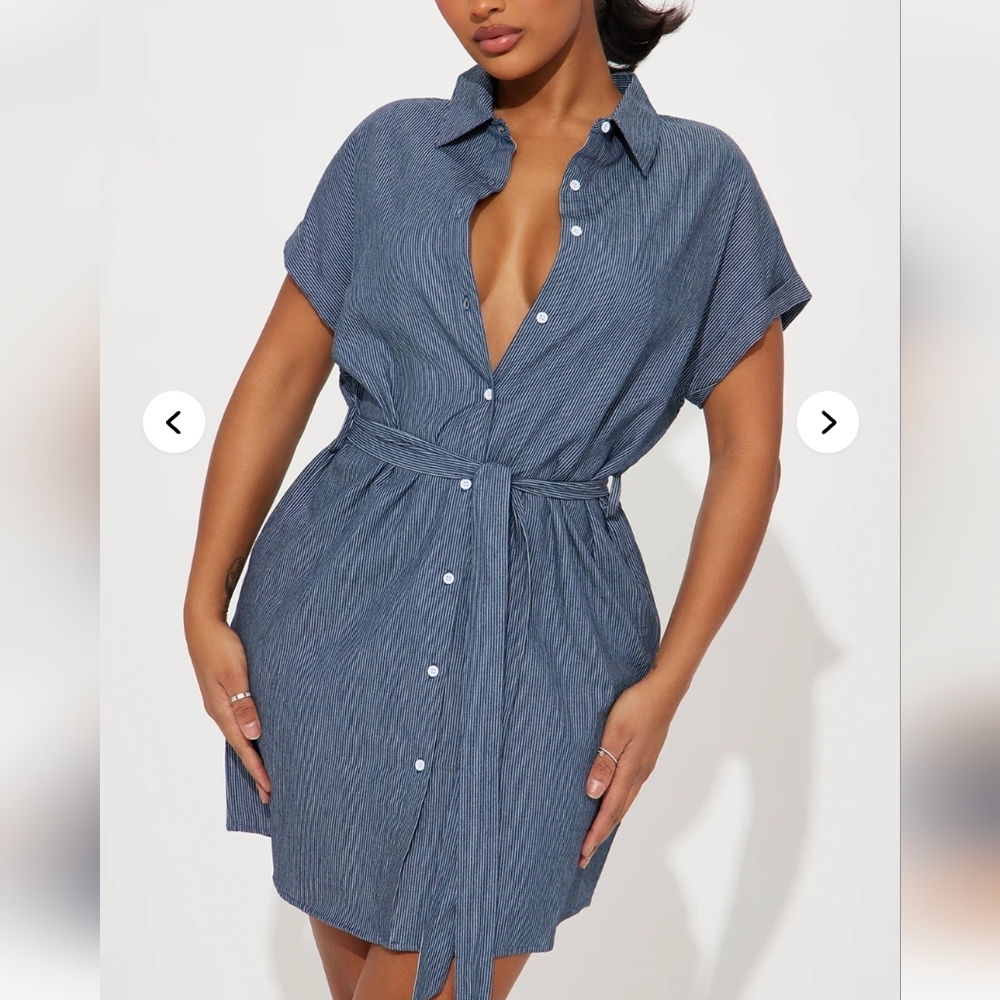 Striped Button-Front Shirt Dress with Waist Tie - Blue